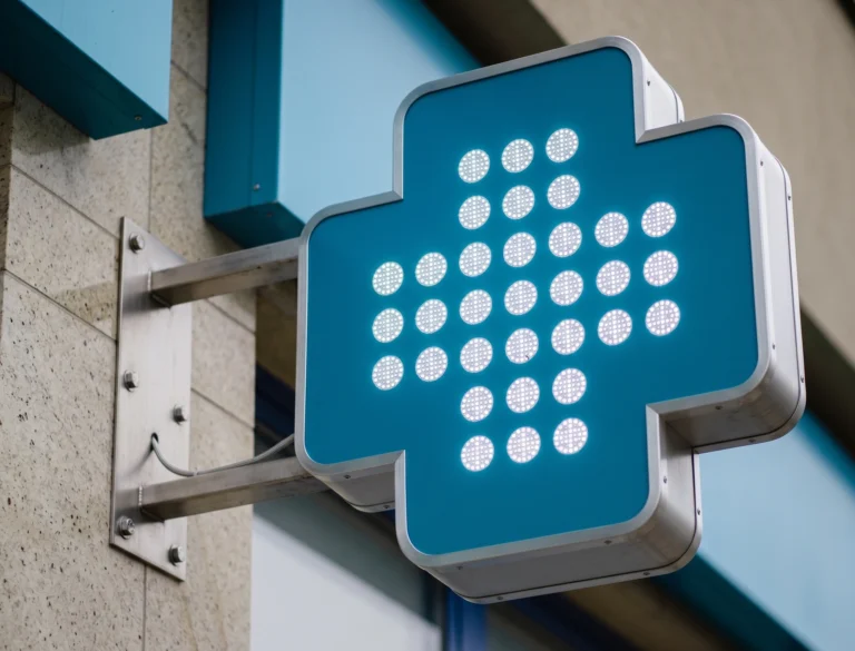 Zamontowany kaseton LED na elewacji