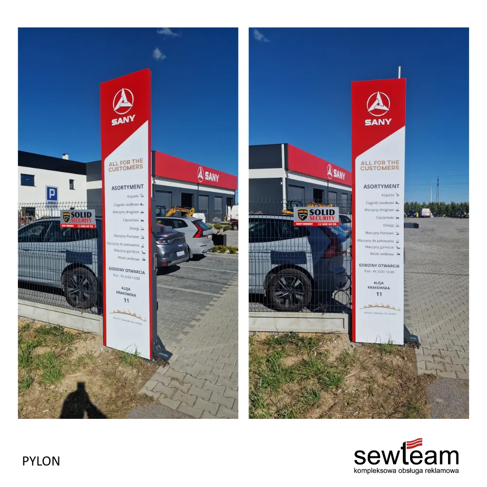 Pylon reklamowy z podświetlanym logo przy wjeździe