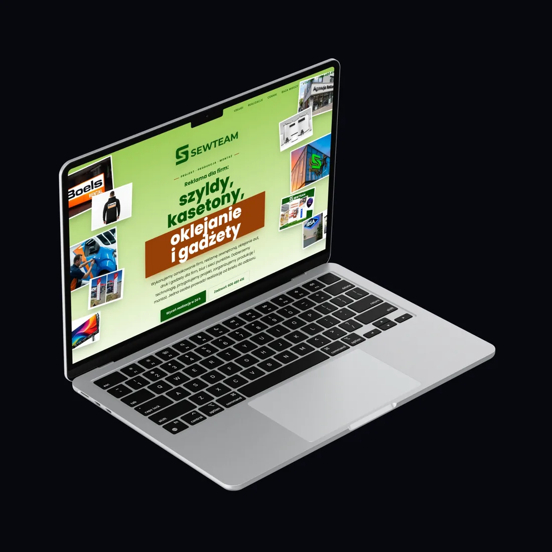 Makieta serwisu sewteam.pl na ekranie laptopa, projekt ZoiGO Creative Solutions